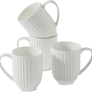 Ceramic Coffee Mugs Set of 4, 16 Oz Large Ribbed Coffee Cups with Big Handle, Unique Modern Style White Latte Mugs for Tea,Cocoa,Milk,Cappuccino, Microwave & Dishwasher Safe