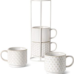 Stackable Coffee Mugs Set with Stand, Ceramic Embossment Coffee Cups for Au Lait, Cappuccino,Latte,Cafe,Mocha,Tea, Suit For Housewarming Wedding - 12 oz, Set of 4,Arctic white