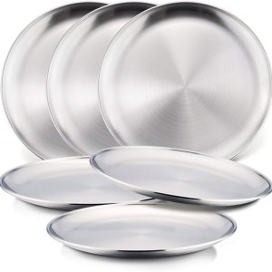 6-Piece 18/8 Stainless Steel Plates, Metal 304 Dinner Dishes for Kids Toddlers Children, 8 Inch Feeding Serving Camping Plates, Reusable and Dishwasher Safe