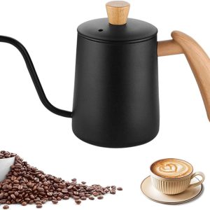 Pour Over Coffee Kettle Gooseneck Tea Pot 304 Stainless Steel Hand Coffee Maker Kettle-Barista Pour Control Design,Wood Handle and Long Narrow Spout Camping Kettle(Color:Black,Size:20oz)