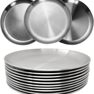 Stainless Steel Plates 9 inch 304 Metal Lightweight Unbreakable Dinner Dishes Plates Set Non-Toxin Dishwasher Safe BPA Free and Healthy (10 Pcs)