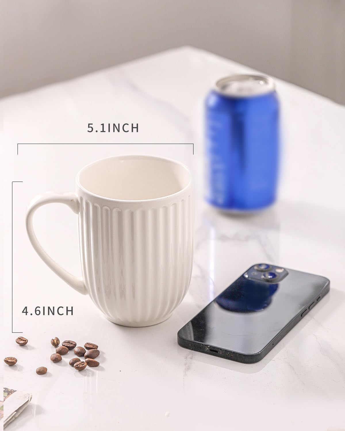Ceramic Coffee Mugs Set of 4, 16 Oz Large Ribbed Coffee Cups with Big Handle, Unique Modern Style White Latte Mugs for Tea,Cocoa,Milk,Cappuccino, Microwave & Dishwasher Safe - Image 2