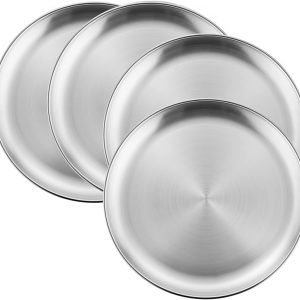 4-Piece 18/8 Stainless Steel Plates, Metal 304 Dinner Dishes for Kids Toddlers Children, 10 Inches Feeding Serving Camping Plates, Reusable and Dishwasher Safe