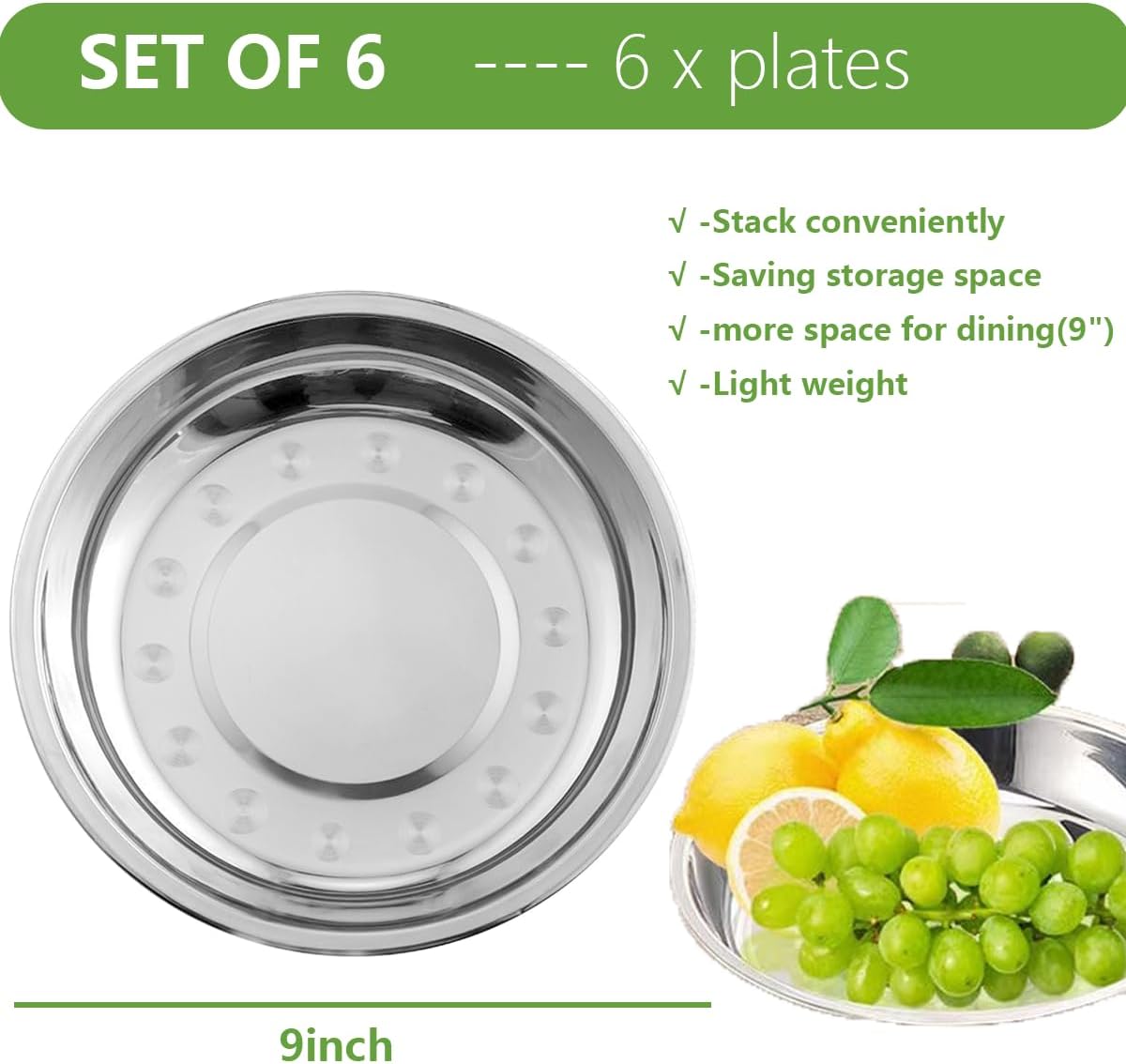 6 Pcs Stainless Steel Plates 9 Inch, Stainless Steel Dinner Plates, Metal Lightweight Unbreakable Dinner Dishes Plates Set for BBQ, Snack, Salad, Appetizer, Fruit, Cookies - Image 2