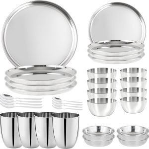 Stainless Steel Dinner Set of 32 Pcs (Dinner Plates, Quarter Plates, Glasses, Spoons, Dishes, Bowls) Dinnerware Set Dishwasher Safe - Camping Set - Service for 4 (Sticker Free)