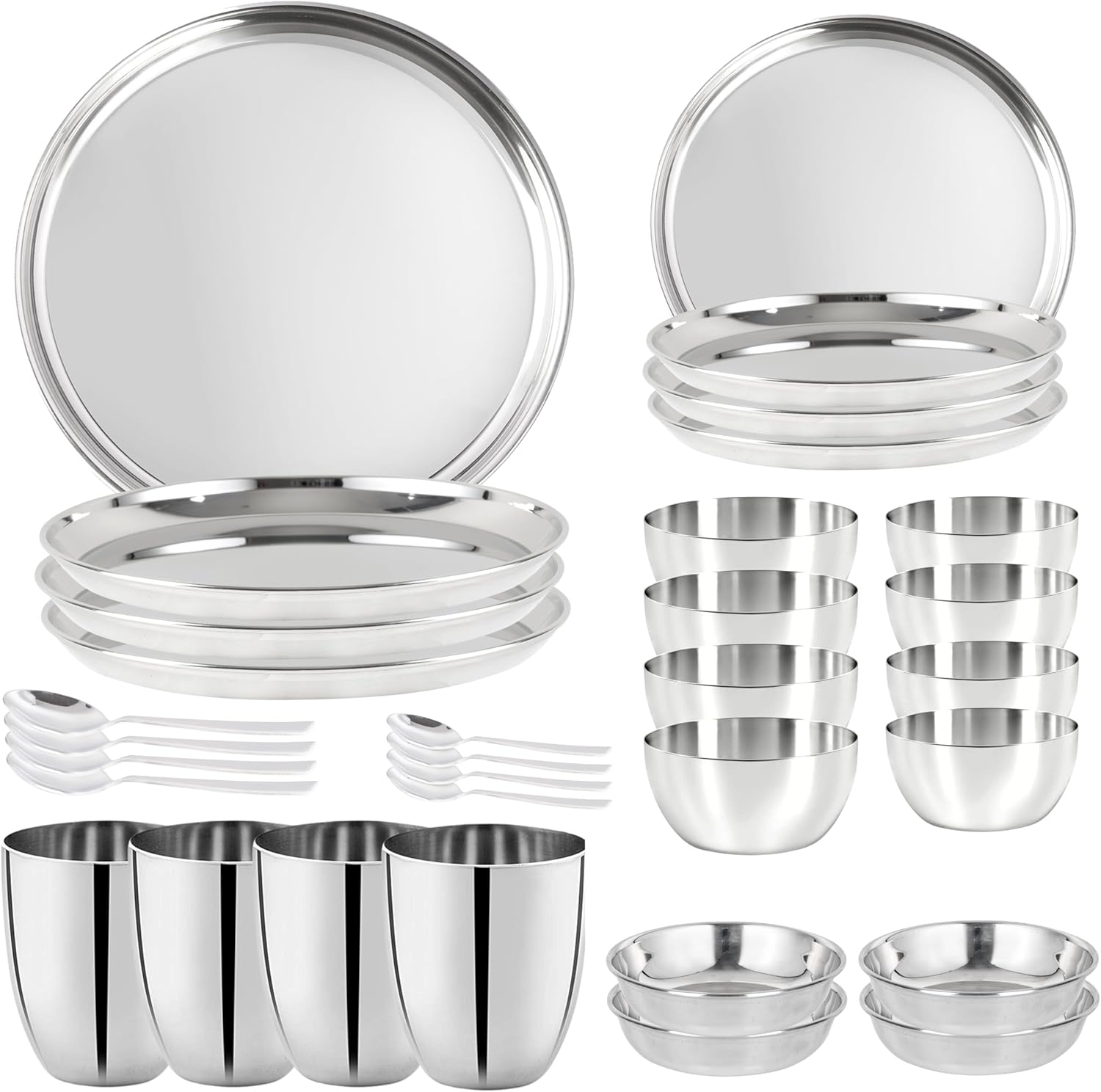 Stainless Steel Dinner Set of 32 Pcs (Dinner Plates, Quarter Plates, Glasses, Spoons, Dishes, Bowls) Dinnerware Set Dishwasher Safe - Camping Set - Service for 4 (Sticker Free)
