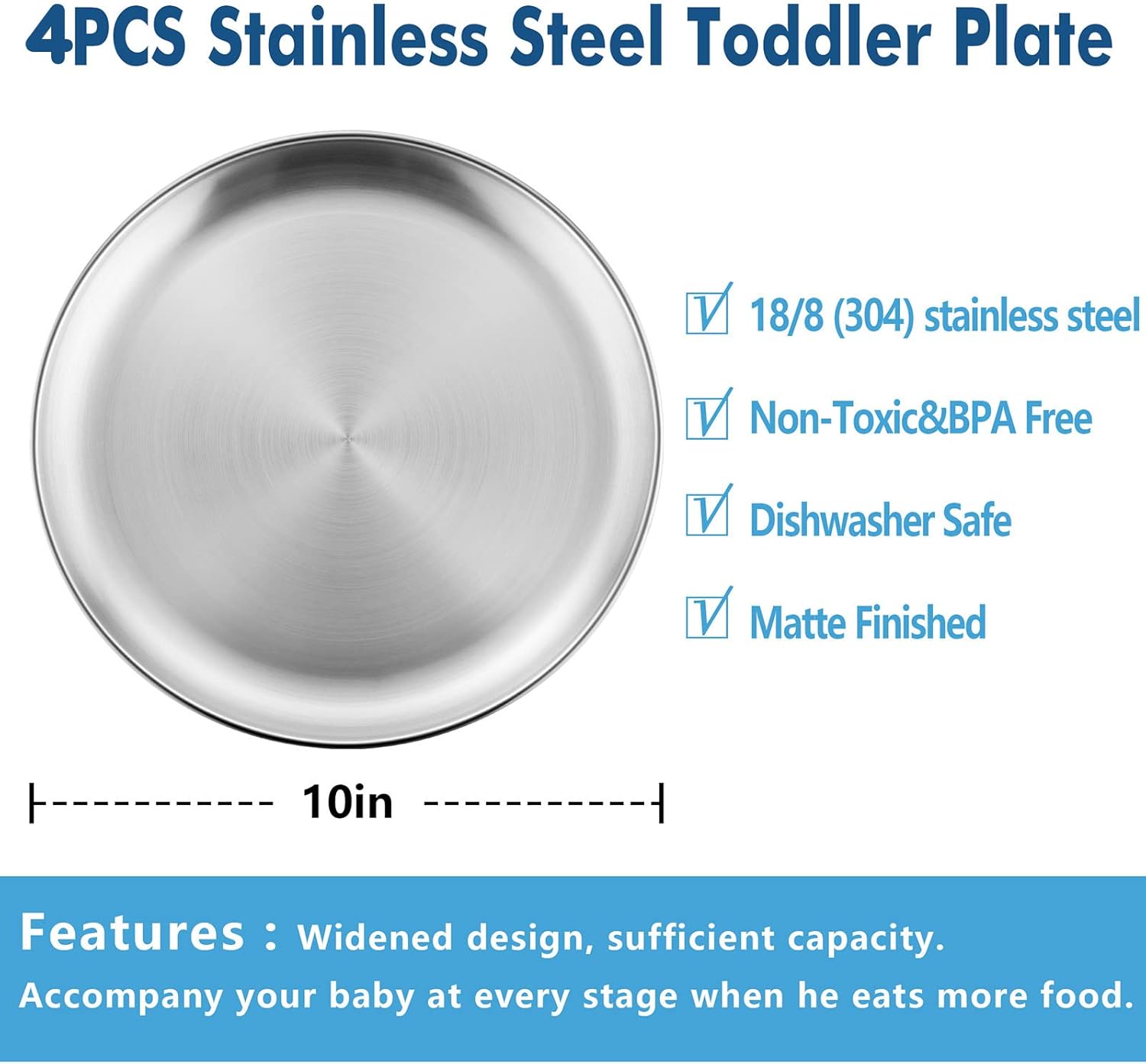 4-Piece 18/8 Stainless Steel Plates, Metal 304 Dinner Dishes for Kids Toddlers Children, 10 Inches Feeding Serving Camping Plates, Reusable and Dishwasher Safe - Image 2