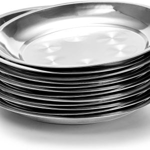 10 Pack Stainless Steel Dinner Plates, 10" Round Kitchen Metal Dish Plates, Rust-Proof Camping Serving Plates for BBQ, Snack, Salad, Appetizer, Fruit, Cookies