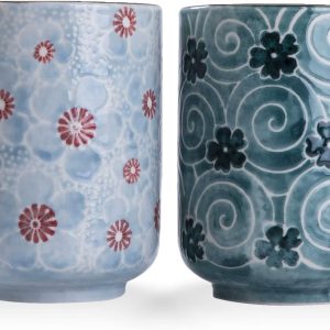 10oz Transitional Chinese/Japanese style Handle-less Ceramic Tea cups teacup, Cherry Bloom and Geometric Pattern Set of 2