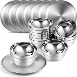 Stainless Steel Plates and Bowls Metal Camping Plates Reusable 13oz Steel Snack Feeding Serving Dinner Dishes Double Walled Insulated Metal Bowls for Kids(10 Set,8 Inch)