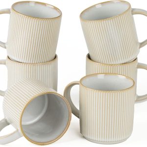 Coffee Mug Set for 6, Star 12 oz Catering Mugs Cup Set with Handle for Coffee, Tea, Cocoa, Milk - Ceramic Stoneware Drinkware Set, Cappuccino White