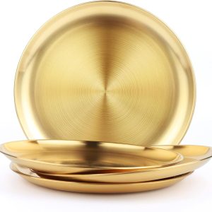 Stainless Steel Dinner Plate,  9" Metal Round Dinner Dishes for Adults, Reusable and Dishwasher Safe, Serving Camping Salad Plate for Home,Outdoor Camping, Snack,and BBQ,Set of 4