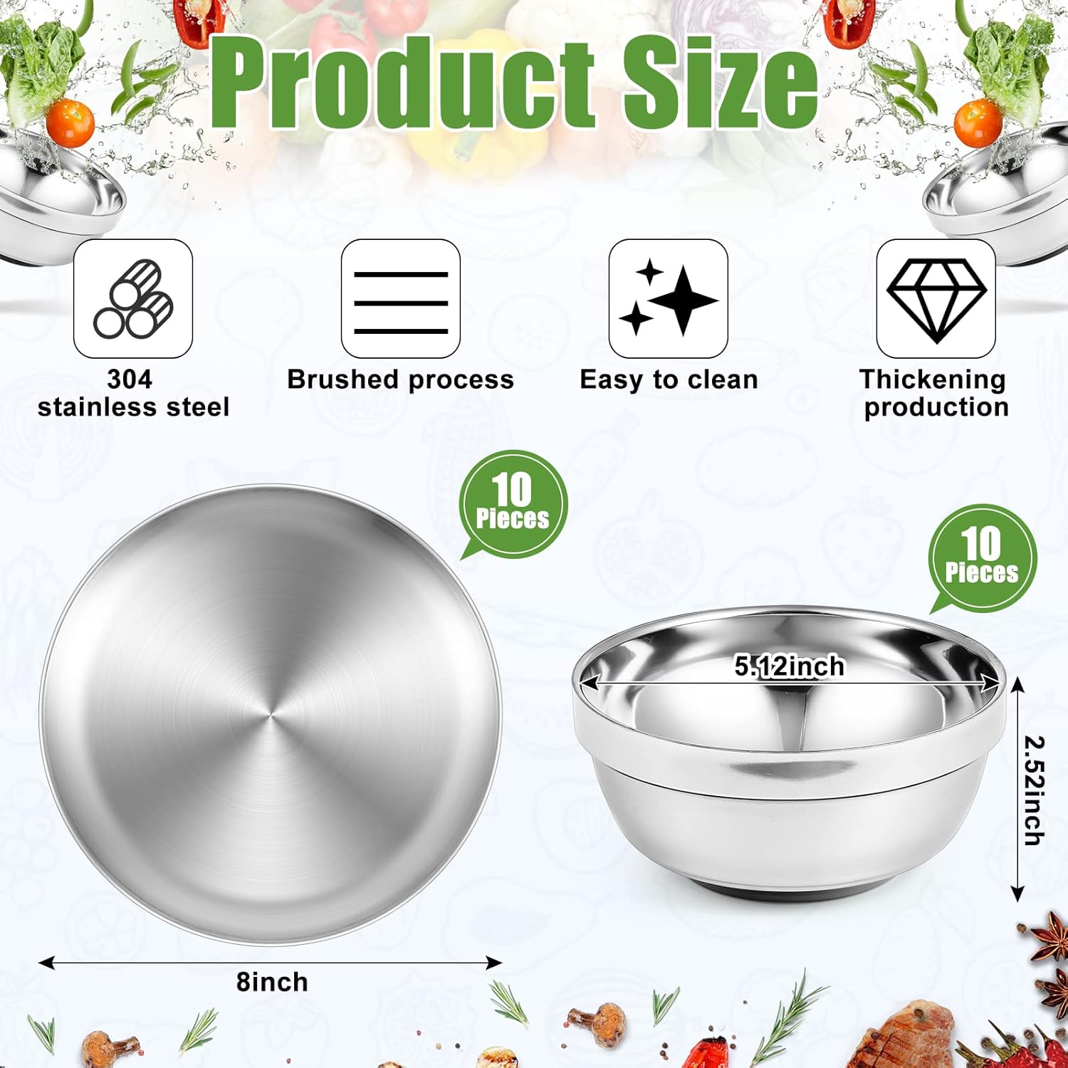 304 Stainless Steel Plates and Bowls Metal Camping Plates Reusable 13 oz Steel Snack Bowls Dinner Dishes Double Walled Insulated Metal Dinnerware(10 Sets,8 x 8 Inch) - Image 2