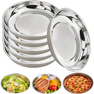 6 Pcs Stainless Steel Plates 9.5 Inch, Stainless Steel Dinner Plates, Metal Lightweight Unbreakable Dinner Dishes Plates Set for BBQ, Snack, Salad, Appetizer, Fruit, Cookies